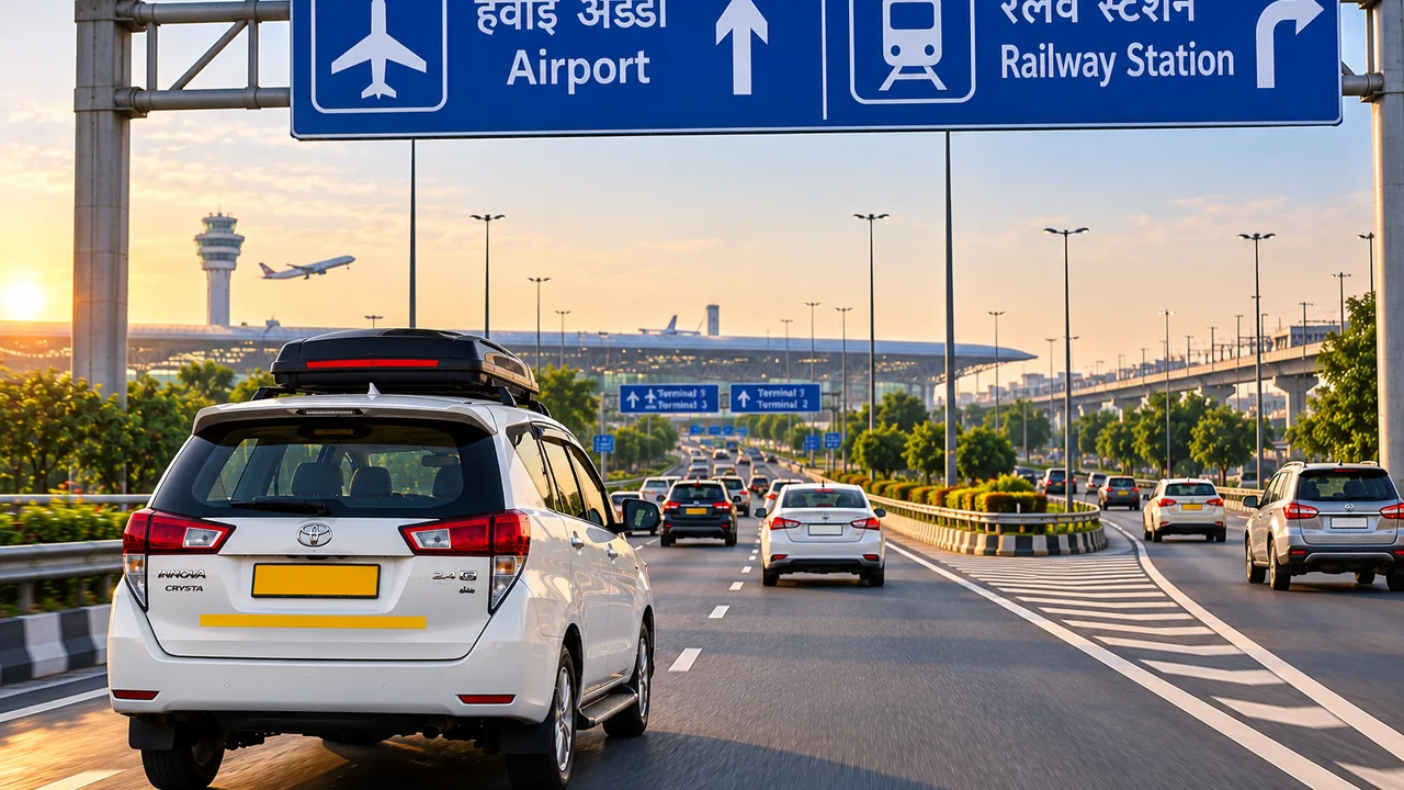 Taxi travelling towards the airport and railway station